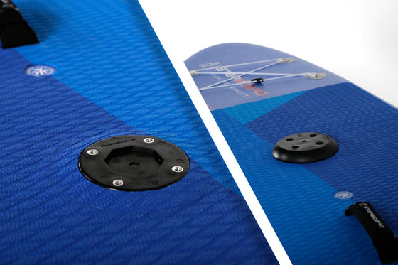 REMOVABLE MAST TRACK All SUP Windsurfing boards use the new removable mast track system that leaves a flat deck in the paddle board mode.